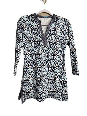 J MCLAUGHLIN Sz S Blue Paisley Print V-Neck Catalina Cloth Slit Tunic Top E26